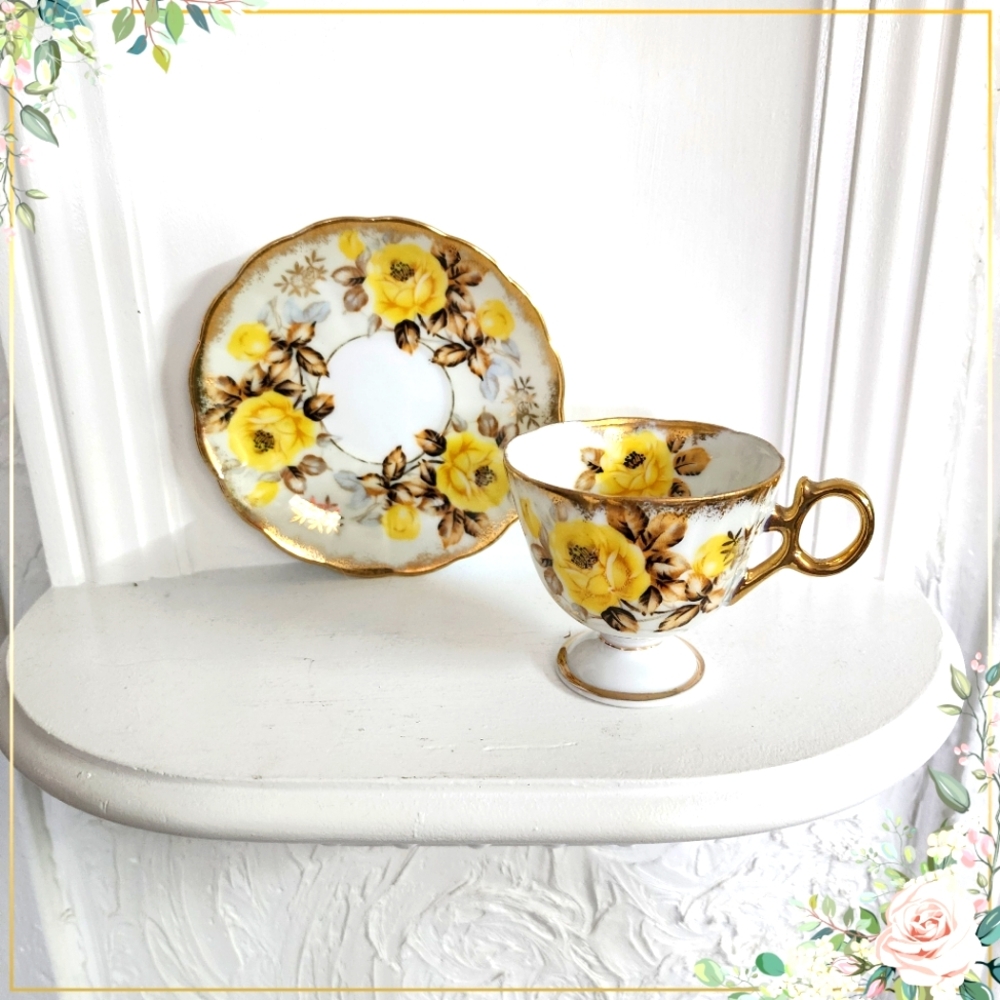 Royal Castle Japan Yellow Rose Cup & Saucer Open Edge Heavy Gold